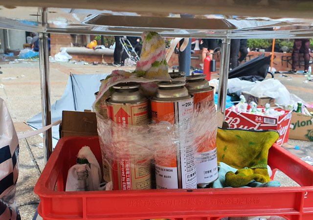 ▲ 홍콩이공대학 시위에 사용되는 강화화염병ⓒ허동혁