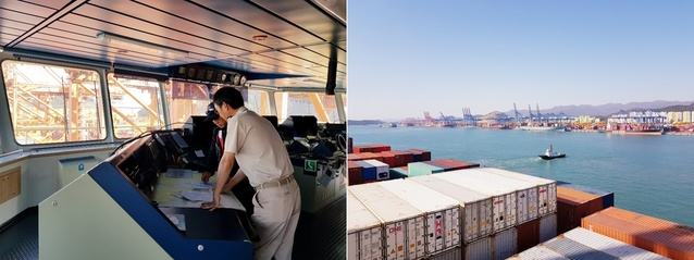 ▲ 배에 올라온 도선사와 의논 중인 선장(왼쪽), 배를 끌어당기고 있는 타거보트(오른쪽).ⓒ엄주연 뉴데일리경제 기자