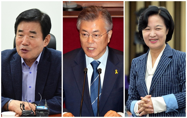 ▲ 왼쪽부터 김진표 더불어민주당 의원, 문재인 대통령, 추미애 의원. ⓒ뉴데일리 DB