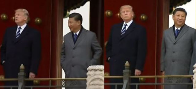 ▲ 2017년 11월 방중 당시 도널드 트럼프 부부 내외와 시진핑 중국 국가주석 내외. 시진핑이 트럼프 대통령 눈치를 보는 장면이 포착됐다. ⓒYTN 당시 보도화면 캡쳐.