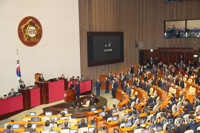 ▲ 10일 오후 국회 본회의에서 자유한국당 의원들이 문희상 국회의장이 내년도 예산안을 상정하자 항의하고 있다.ⓒ연합뉴스