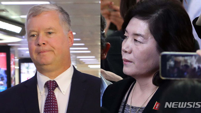 ▲ 스티븐 비건 미국 국무부 부장관 내정자와 최선희 북한 외무성 제1부상. ⓒ뉴시스. 무단전재 및 재배포 금지.