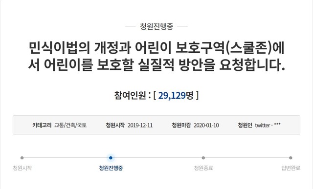 ▲ 민식이법이 국회를 통과한 다음 날인 11일 청와대 국민청원 게시판에는 '민식이법 개정과 실질적인 방안'을 요청하는 글이 올라왔다. 법조계는 민식이법이 형벌상 비례성의 원칙에 어긋날 수 있다고 지적한다. ⓒ청와대 홈페이지 캡쳐