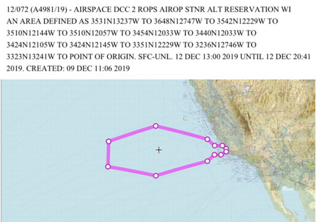 ▲ 에어크래프트 스팟이 지난 11일 올린 사진. 캘리포니아 반덴버그 공군기지 서쪽 앞바다가 비행금지구역으로 돼 있다. ⓒ에어크래프트 스팟 트위터 캡쳐.