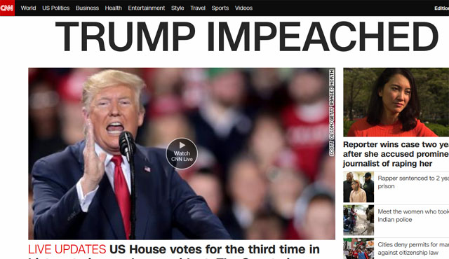 ▲ 하원에서 트럼프 대통령 탄핵안이 가결된 뒤 CNN의 홈페이지 메인 화면. ⓒ美CNN 화면캡쳐.