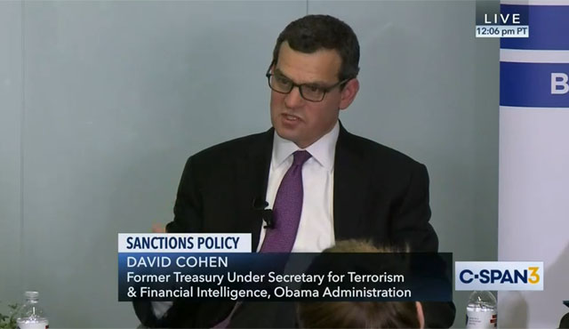 ▲ CNAS 세미나에서 발표하는 데이비드 코언 전 미국 재무부 테러·금융정보 담당 차관. ⓒ美공영 C-SPAN 방송 다시보기 캡쳐.