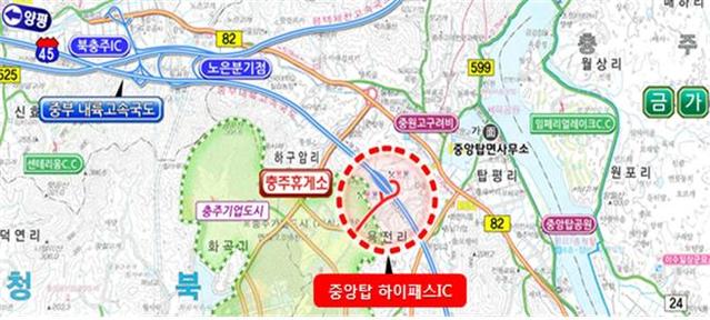 ▲ 중부내륙고속도로 충주휴게소 양방향에서 진출입이 가능한 충주 중앙탑 하이패스 나들목 위치도. 중앙탑 하이패스 나들목은 30일 개통된다.ⓒ도공 충북본부