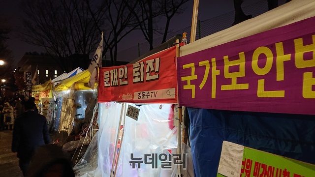 ▲ 30일 밤 청와대 앞 효자로에서 열린 '문재인 퇴진 국민대회' 철야 농성. ⓒ이상무 기자