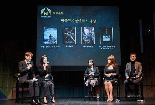 ▲ 6일 오전 서울 용산구 블루스퀘어 카오스홀에서 '제4회 한국뮤지컬어워즈' 기자간담회가 열렸다.((왼쪽부터 뮤지컬배우 이지훈·장은아, 이유리 한국뮤지컬어워즈 공동조직위원장, 정영주 집행위원장, 김종헌 후보추천위원장)ⓒ한국뮤지컬협회