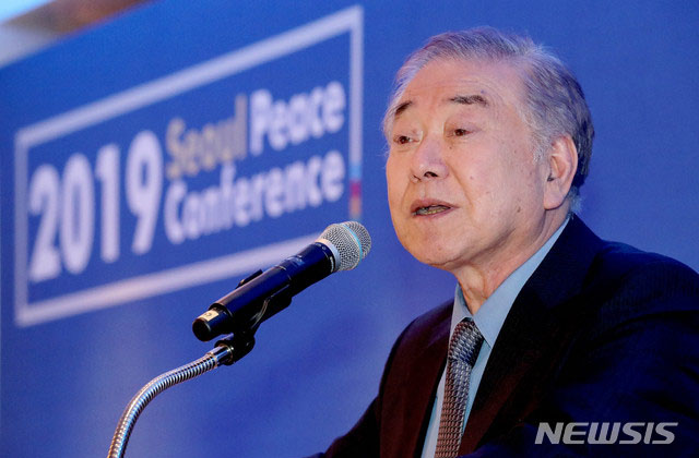 ▲ 美국가이익센터 행사에서 기조연설을 하는 문정인 대통령 통일외교안보 특보. ⓒ뉴시스. 무단전재 및 재배포 금지.