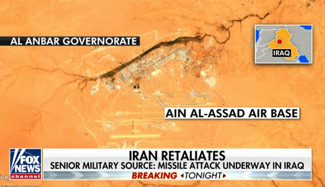 ▲ 이란이 공격한 이라크의 미군기지 위치. 미국과 영국 언론에 따르면, 이란은 자국 내에서 탄도미사일을 쏘았다. ⓒ美폭스뉴스 속보화면 캡쳐.