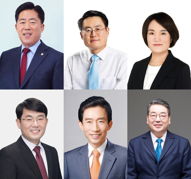 ▲ 왼쪽부터 동구을 출마예정자인 김규환, 김재수, 김영희, 도태우, 정용, 이승천.ⓒ각 예비후보 측