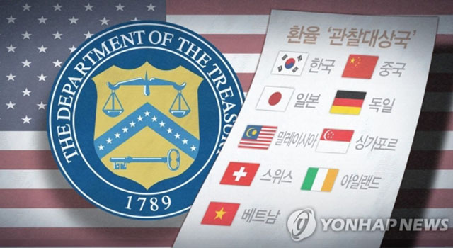 ▲ 미국 재무부 심벌과 환율 관찰대상국 국기들. ⓒ연합뉴스. 무단전재 및 재배포 금지.
