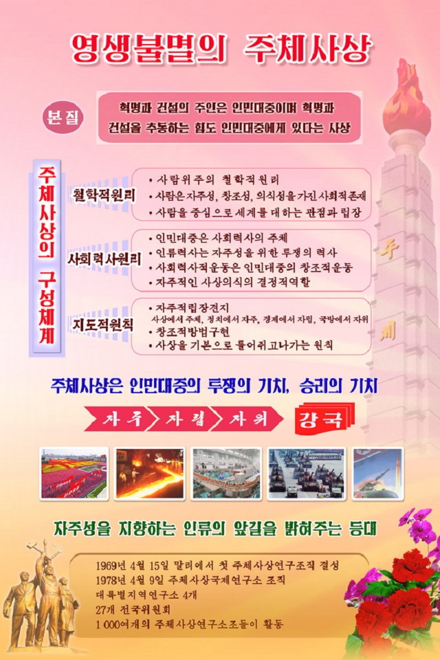 ▲ '남산' 웹사이트에 올라온 '영생불멸의 주체사상'이라는 체제 홍보물. 주체사상의 본질과 구성체계를 구체적으로 소개하고 있다. ⓒ전성무 기자