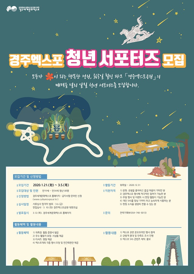 ▲ 경주세계문화엑스포가 올 한해 경주엑스포공원 운영에 힘을 더해줄 청년 서포터즈 단원을 모집한다.ⓒ경주엑스포