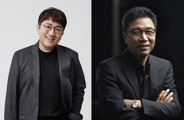 ▲ 방시혁(좌) 빅히트엔터테인먼트 대표와 이수만 SM엔터테인먼트 총괄프로듀서. ⓒ빅히트엔터테인먼트 / SM엔터테인먼트 제공