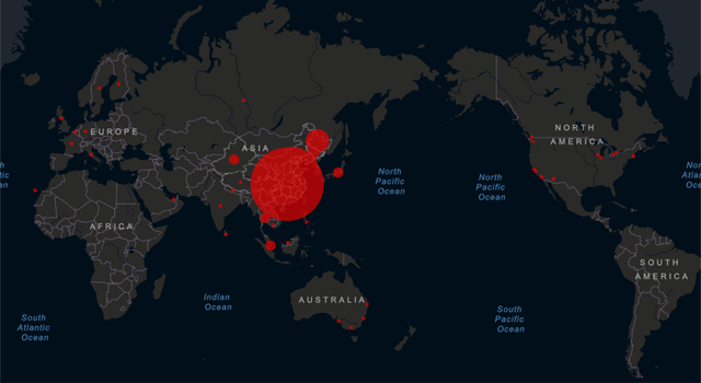 ▲ 2020년 2월 5일 기준 세계 우한폐렴 확진자 지도. ⓒ존스홉킨스대 제공.