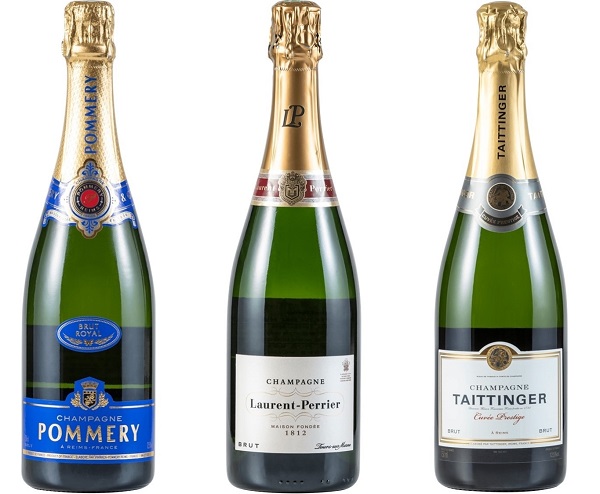 ▲ 뽀므리 브륏 로얄, 로랑페리에 브륏 L-P, 떼땅져 뀌베 프레스티지 브륏, 반피 티아라 모스카토 틴케이스 패키지(왼쪽부터)ⓒ이마트24