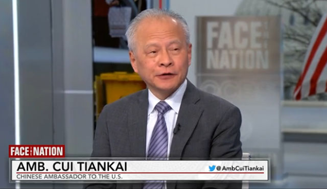 ▲ CBS '페이스 더 네이션'에 출연한 추이텐카이 미국주재 중국대사. ⓒCBS 영상 캡쳐.