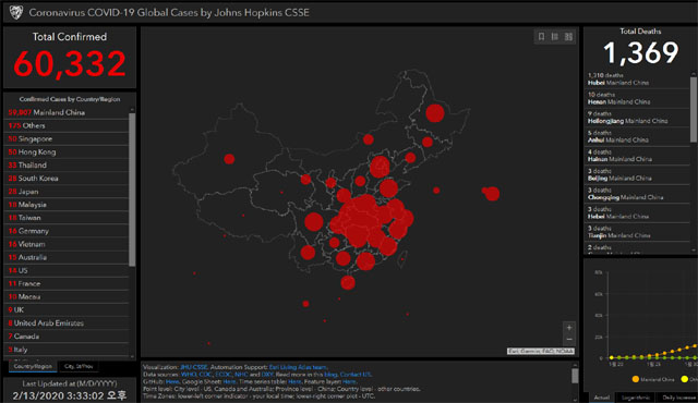 ▲ 중국 정부의 발표를 바탕으로 한 13일 현재 우한폐렴(코로나19) 감염 현황. ⓒ미국 존스홉킨스대 현황자료 캡쳐.