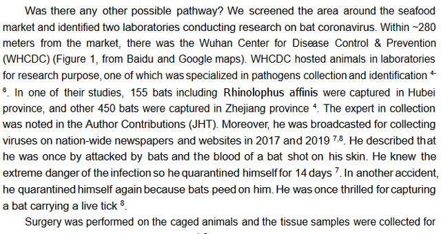 ▲ 우한CDC 관계자가 언론에 박쥐를 다루다 다쳐 자가격리를 했었다고 자랑했다는 샤오 교수의 지적. ⓒ논문 캡쳐.