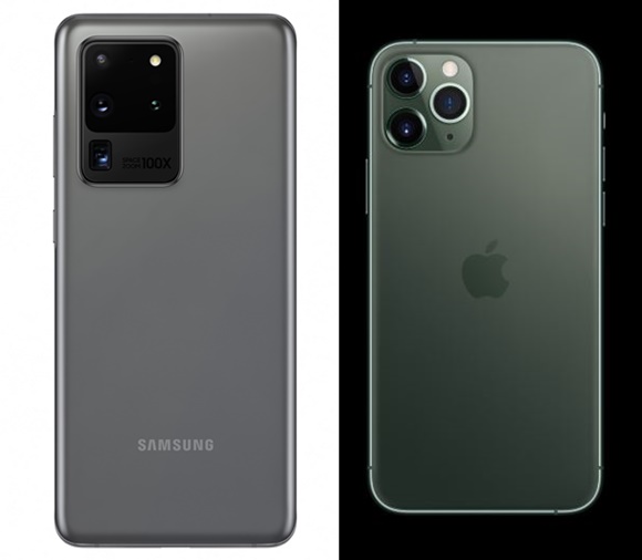 ▲ (왼쪽부터) 갤럭시S20 울트라, 아이폰11 프로. ⓒ각 사