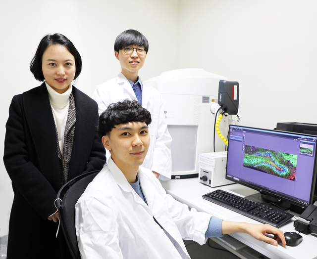 ▲ 뇌·인지과학전공 엄지원 교수(왼쪽)와 석박사통합과정 김승준(앞), 김현호(뒤) 학생.ⓒDGIST