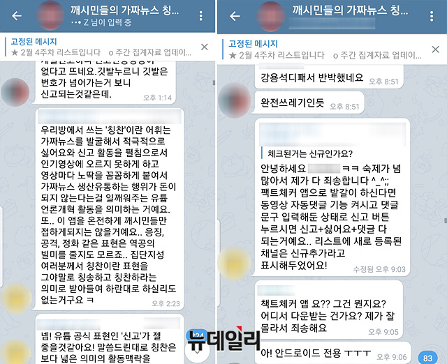 ▲ 문재인 대통령의 극성 지지자들이 채팅방을 만들어 조직적으로 우파 유튜브 채널을 신고하고 있다.