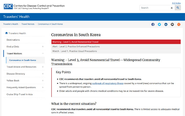 ▲ 미국 질병통제예방센터(CDC)가 한국에 대한 여행경보를 최고단계로 상향조정했다. ⓒ미국 CDC 홈페이지 캡쳐.