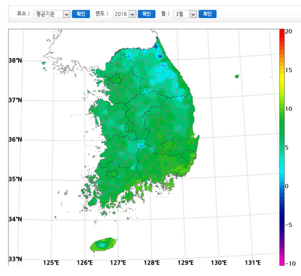 ▲ 기상청에서 볼 수 있는 우리나라 3월 평균 기온. 우한폐렴의 전염력이 가장 강하다는 온도와 비슷하다. ⓒ기상청 국내기후자료 캡쳐.