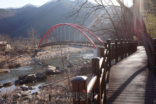 ▲ 황간면 완정리 월류봉 둘레길 석천에 놓인 목교(빨간다리).ⓒ김정원 기자