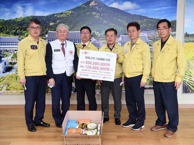 ▲ 경북농협(본부장 도기윤)은 코로나19 위기극복에 동참하는 의미로 13일 도청을 찾아 사랑의 농산물꾸러미 1600박스(8000만원 상당)를 전달했다.ⓒ경북도