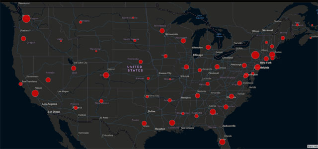 ▲ 16일 현재 미국 각 지역의 우한폐렴 확진자 현황. ⓒ존스홉킨스대 우한폐렴 지도 캡쳐.