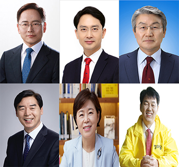 ▲ 위의 왼쪽부터 더불어민주당 허대만, 통합당 김병욱, 무소속 예정 박승호, 더불어민주당 오중기, 통합당 김정재, 정의당 박창호ⓒ각 후보 측