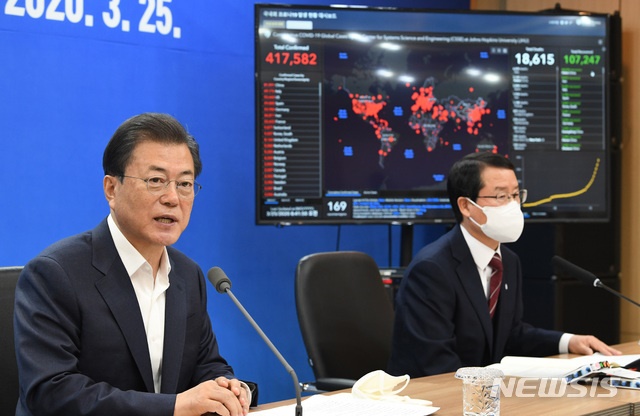 ▲ 문재인 대통령이 25일 서울 송파구의 신종 코로나바이러스 감염증(코로나19) 진단시약 긴급사용 승인 기업에서 열린 업계 대표 간담회에 참석해 발언하고 있다. ⓒ뉴시스