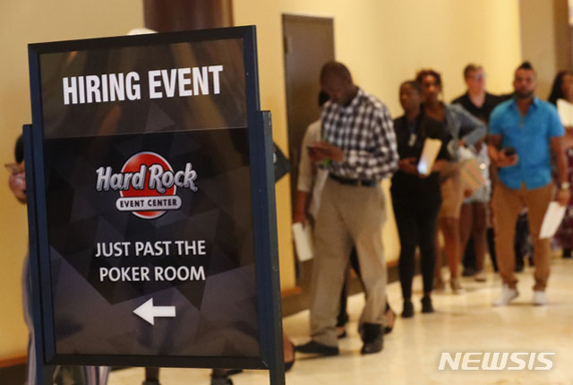 ▲ 지난해 8월 캘리포니아에서 열린 직업박람회에 사람들이 입장하려 기다리고 있다.(기사 내용과 직접적 관련은 없습니다.) ⓒ뉴시스 AP. 무단전재 및 재배포 금지.