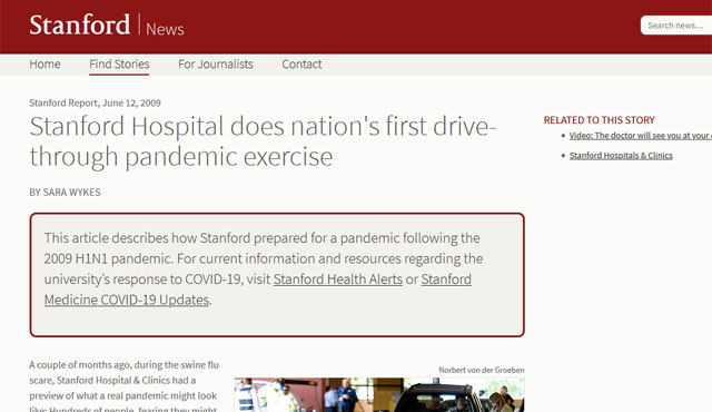 ▲ 2009년 6월 스탠포드대학 학보. 신종플루(H1N1)의 대유행에 대비해 드라이브 스루 진료소를 시험운영한다는 내용이다. ⓒ스탠포드 학보사 홈페이지 캡쳐.