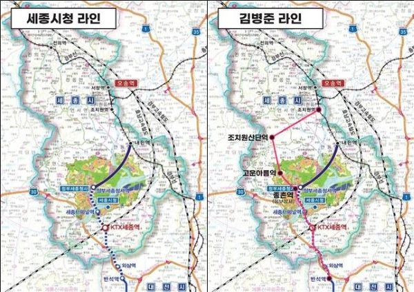 ▲ 대전~조치원 지하철 노선도.ⓒ김병준 후보 캠프