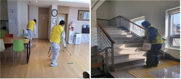 ▲ 세종시설관리공단이 ‘코로나19’의 지역사회 확산 방지를 위해 조치원 관내 취약시설에 대한 방역 소독을 실시하고 있다.ⓒ세종시설관리공단