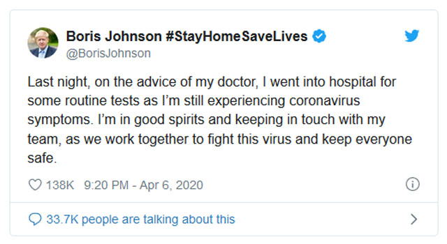 ▲ 보리스 존슨 영국 총리가 병원 입원 후 올린 트윗. ⓒ폭스뉴스 관련보도 화면캡쳐.