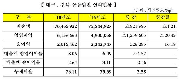 ▲ 대구경북지역 12월 결산법인의 2019년 사업실적표.ⓒ한구거래소 대구사무소