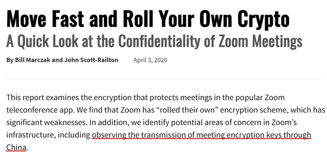 ▲ 캐나다 토론토대 연구소 '시티즌랩(Citizen Lab)'이 '줌'의 보안성 취약에 대해 폭로하는 홈페이지 게시글ⓒ시티즌랩 홈페이지 캡처