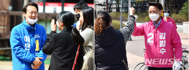 ▲ 경기 용인정에서 맞붙는 이탄희 더불어민주당 후보와 김범수 미래통합당 후보가 초접전 양상을 보이고 있다. ⓒ뉴시스