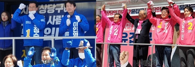 ▲ 더불어민주당 이인영 원내대표가 13일 충북 청주시 상당구 석교동 육거리시장에서 정정순 후보 지원 유세를 펴고 있다(사잔 좌측). 김종인 미래통합당 총괄선대위원장이 13일 충북 청주시 상당구 성안길에서 청주권 통합당 후보 4명의 지지를 호소하는 유세 후 승리를 다짐하며 만세를 부르고 있다.ⓒ박근주 기자