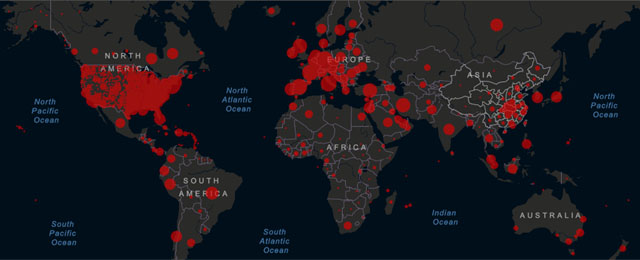 ▲ 16일 현재 세계 우한코로나 감염지도. 이제는 열대지방에서도 감염자가 나오고 있다. ⓒ존스홉킨스대 우한코로나 지도 캡쳐.