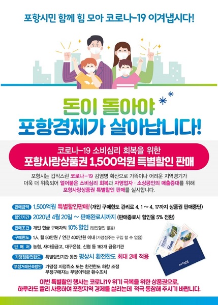 ▲ 포항시는 20일부터 포항사랑상품권을 10% 특별할인해 판매한다.ⓒ포항시