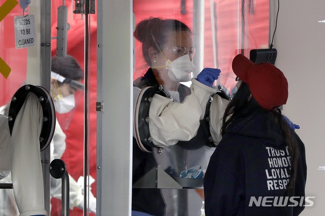 ▲ 미국 내 워크스루에서 한 의료인이 한 여성의 검체를 채취하고 있다. ⓒ뉴시스