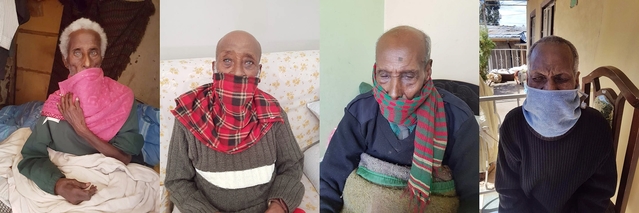 ▲ 스카프, 수건, 목도리 등 마스크를 대신한 에티오피아 6.25전쟁 참전용사의 안타까운 모습이 담긴 사진.ⓒ칠곡군