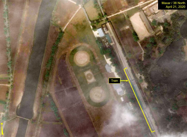▲ 북한 강원도 원산 특각 주변 기차역에서 포착된 김정은 전용 열차. ⓒ미국 38노스 공개 리포트 화면캡쳐.