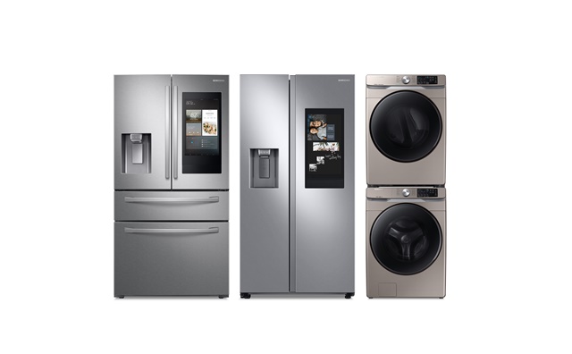 ▲ (왼쪽부터) 삼성전자 프렌치도어 냉장고, 양문형 냉장고, 세탁기, 건조기. ⓒ삼성전자